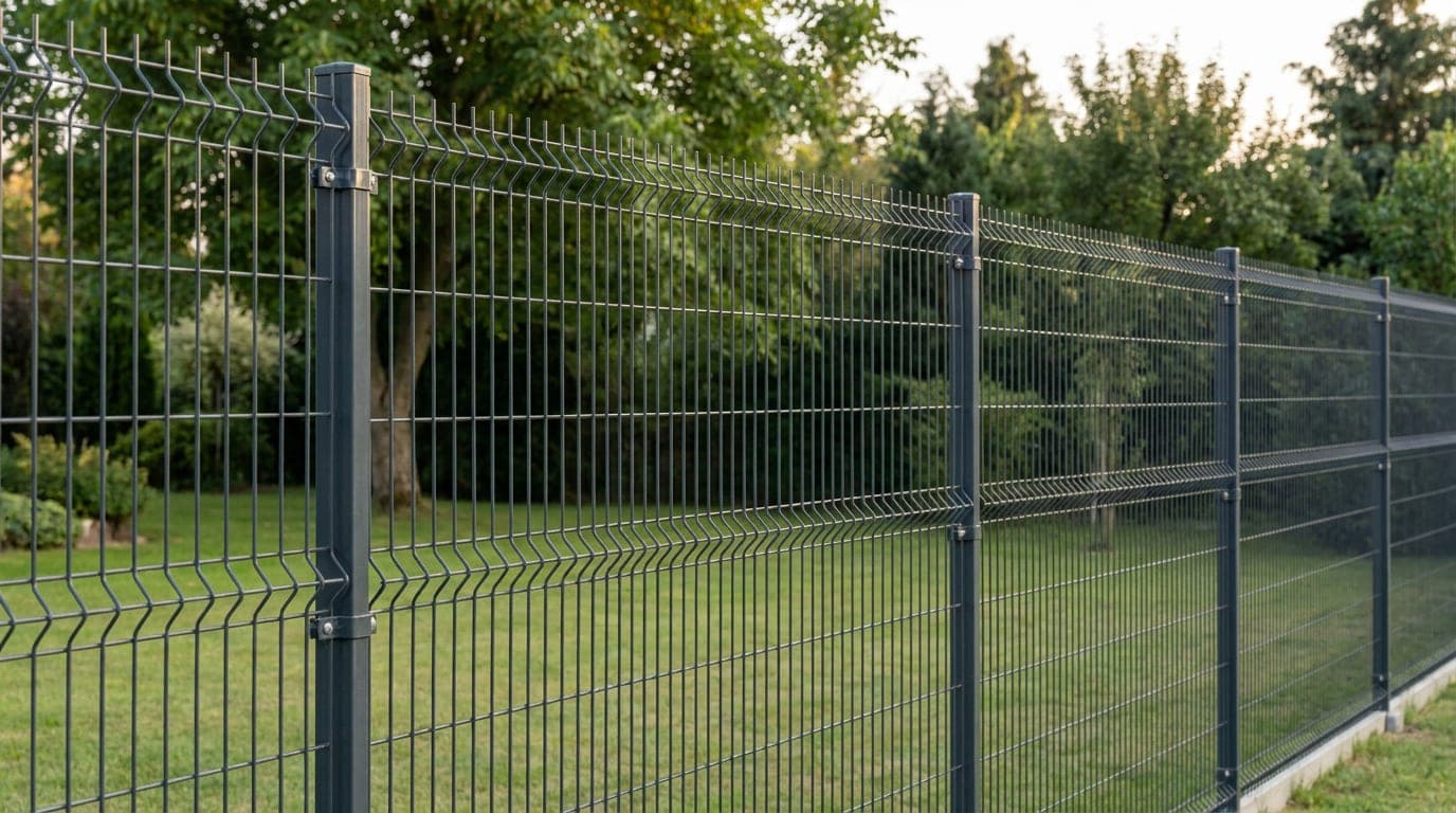 Villa bahçesini çevreleyen, göğüs hizasında antrasit panel çit hattı; arkadaki çim ve ağaçlar gözlerin arasından görünüyor