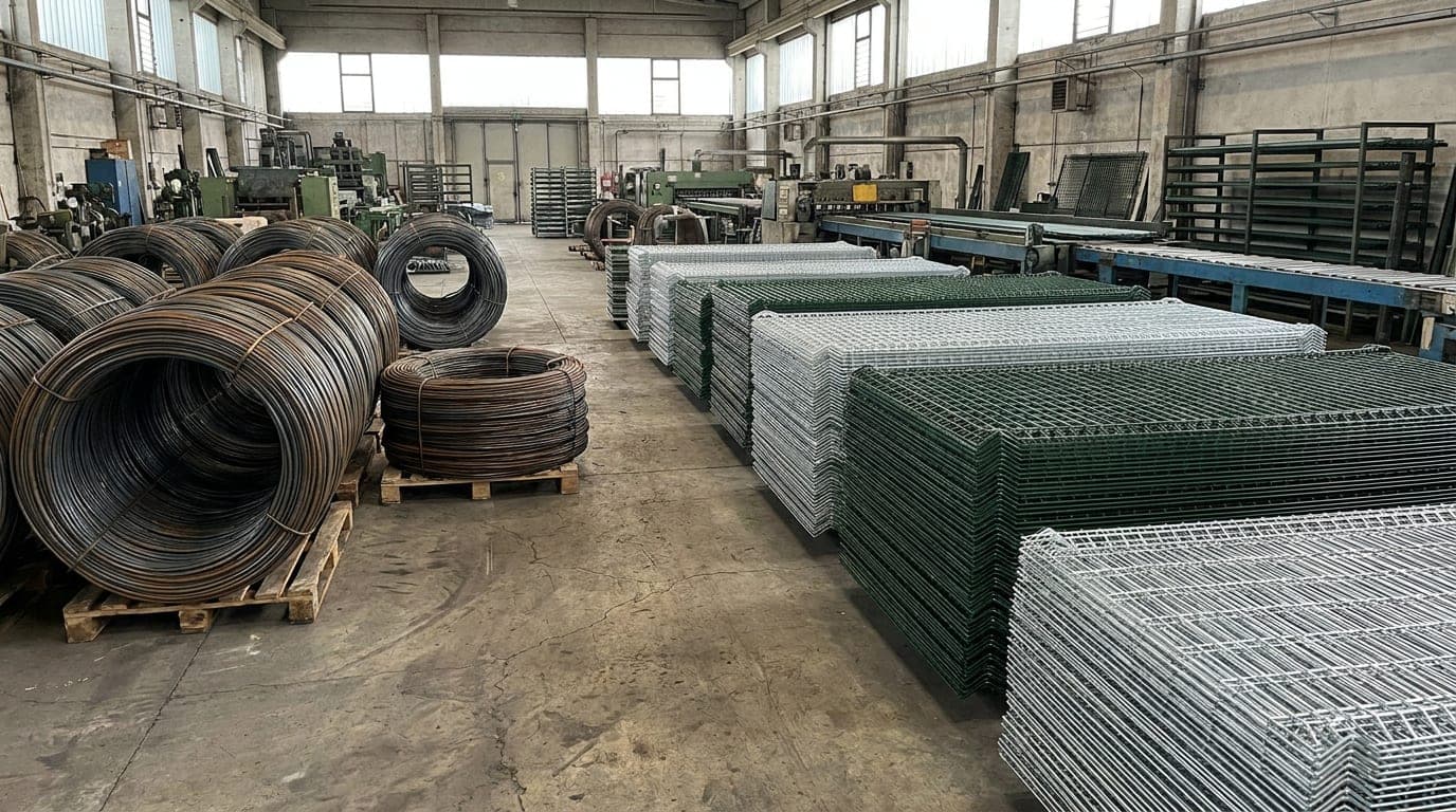 Tel çekme tesisinde yan yana dizilmiş filmaşin kangalları ile galvaniz sonrası istiflenmiş kaynaklı panel çit levhaları