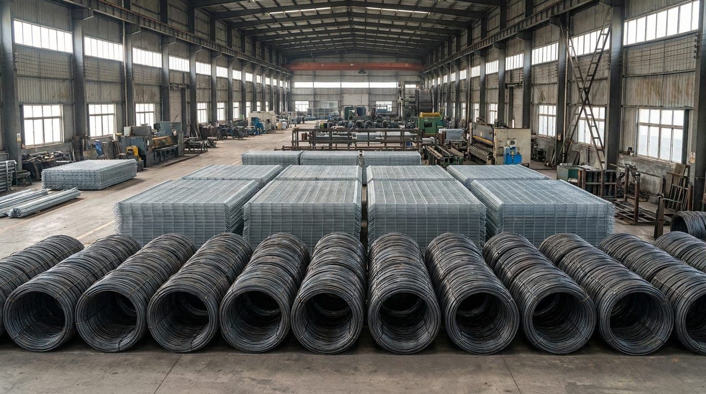 Tel çekme tesisinin zemininde dizili filmaşin kangalları ve arka planda üst üste istiflenmiş galvanizli kaynaklı panel çit levhaları
