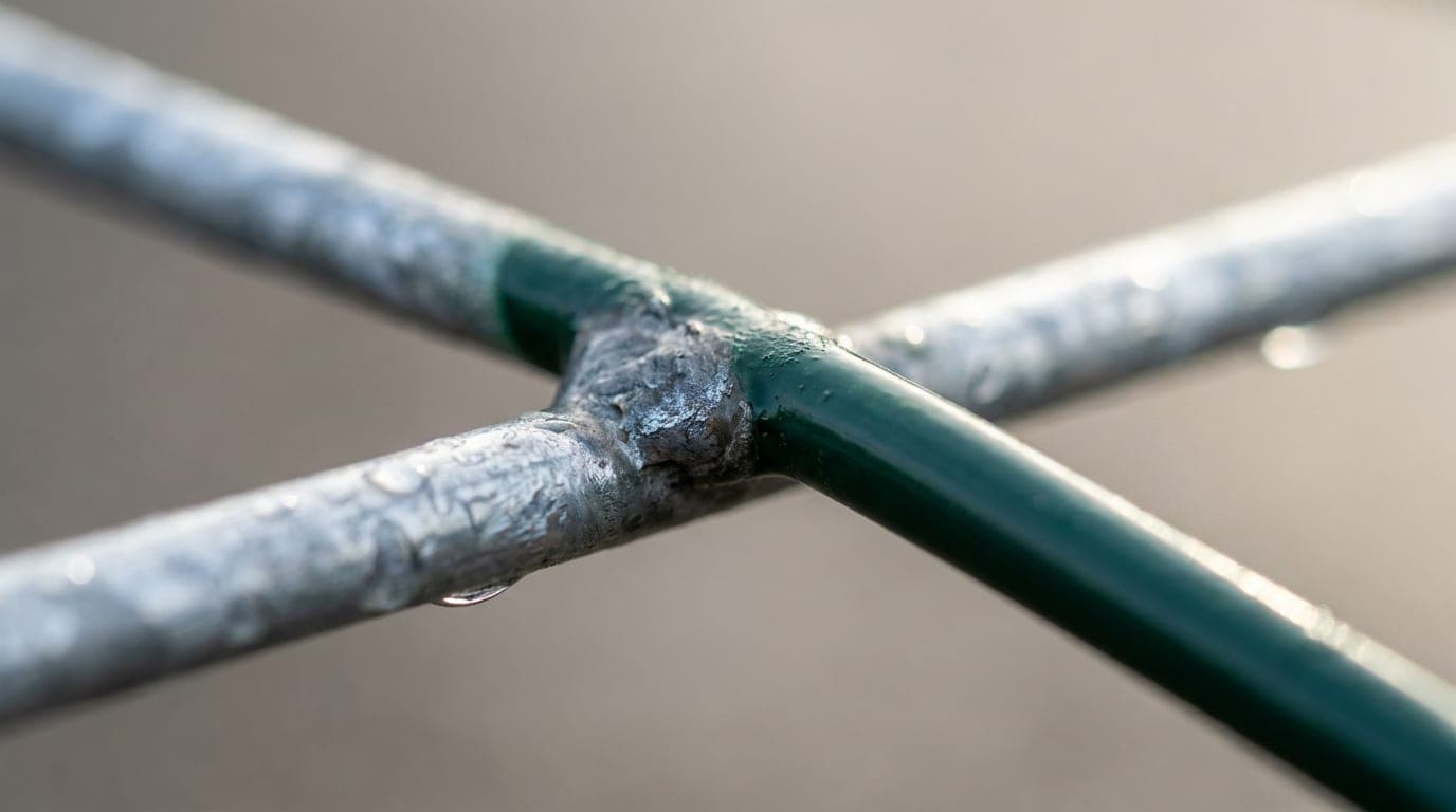 Panel çit telinin kaynak noktası makro çekimde: galvaniz çinko dokusundan yeşil toz boya kaplamasına geçiş ve tel üzerinde su damlası