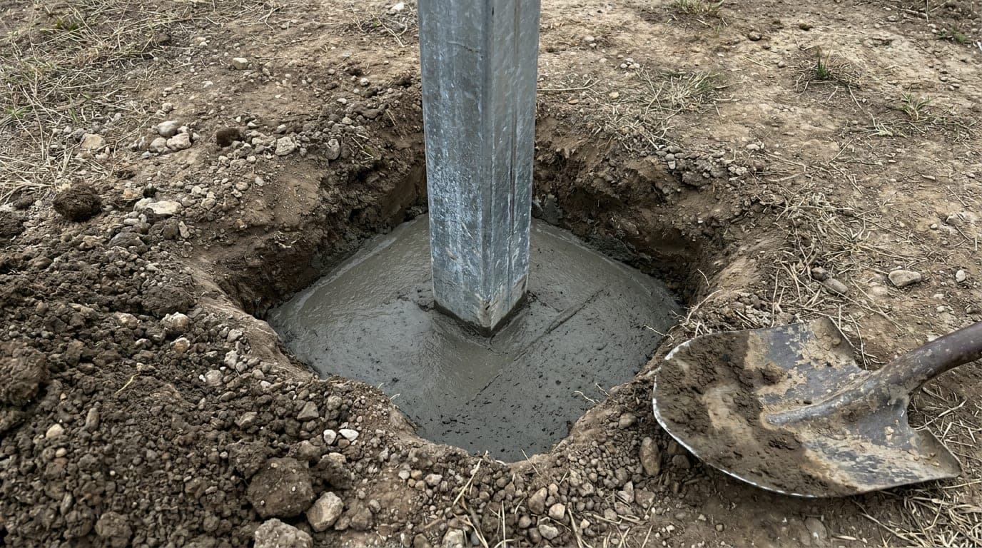 Kazılmış çukura oturtulmuş kutu profil çit direği ve çevresine dökülmüş taze beton temel