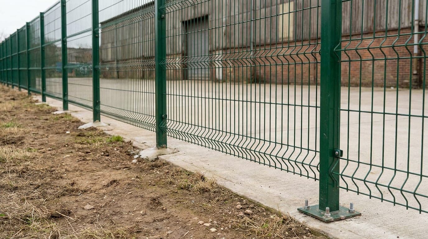 Bir fabrika parselinin kenarında toprak zeminden beton sahaya geçen panel çit hattı; betonda flanşlı, toprakta gömme temelli kutu profil direkler