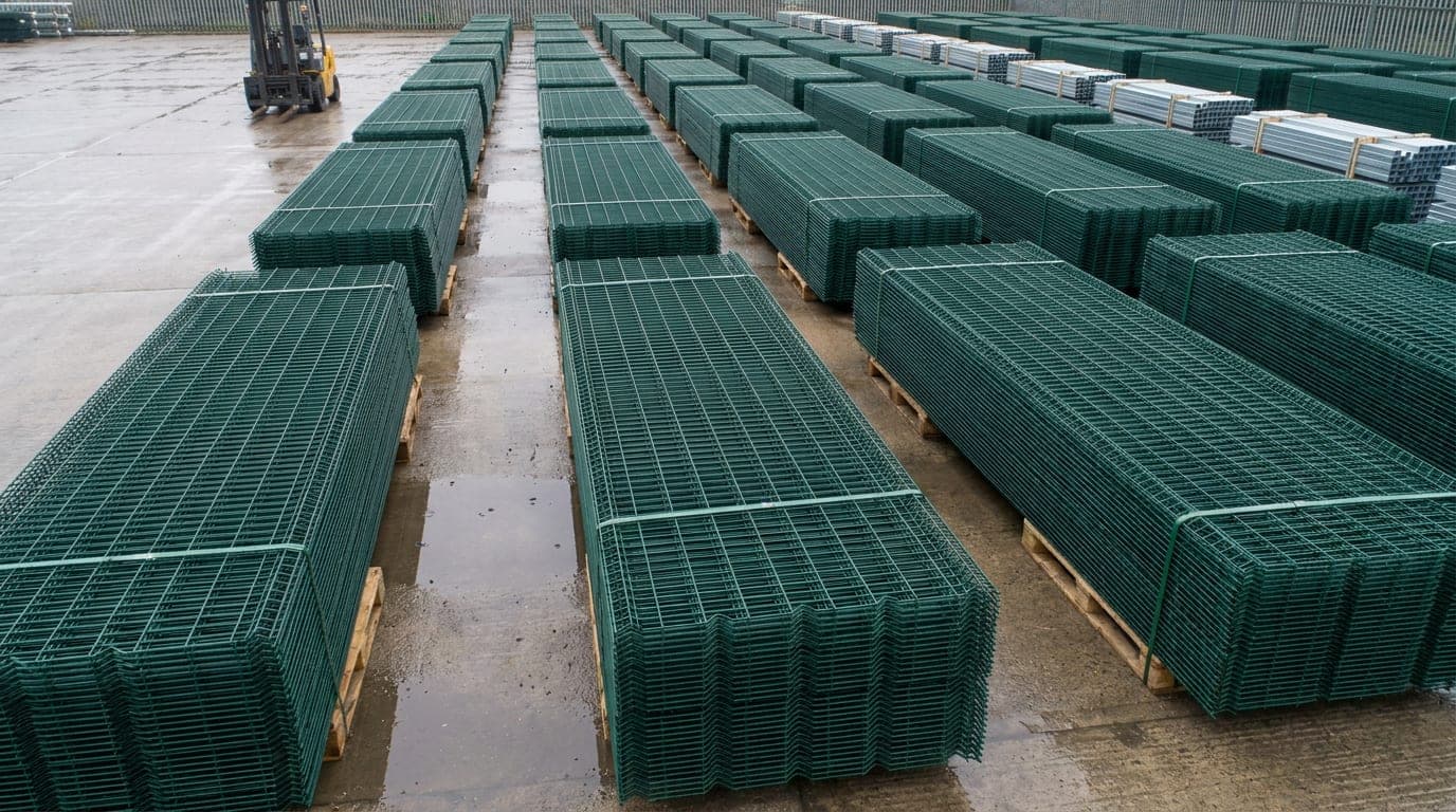 Üretim tesisinin açık hava sevkiyat sahasında tek ölçüde, düzgün istiflenmiş uzun sıralar hâlinde yeşil kaynaklı panel çit paketleri