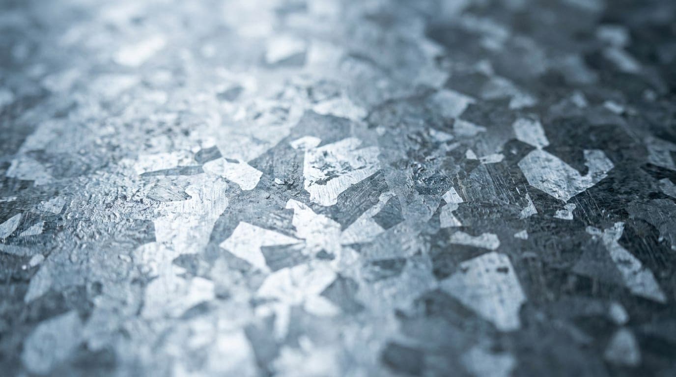 Galvanizli çelik yüzeydeki çinko kristal deseninin yakın görüntüsü