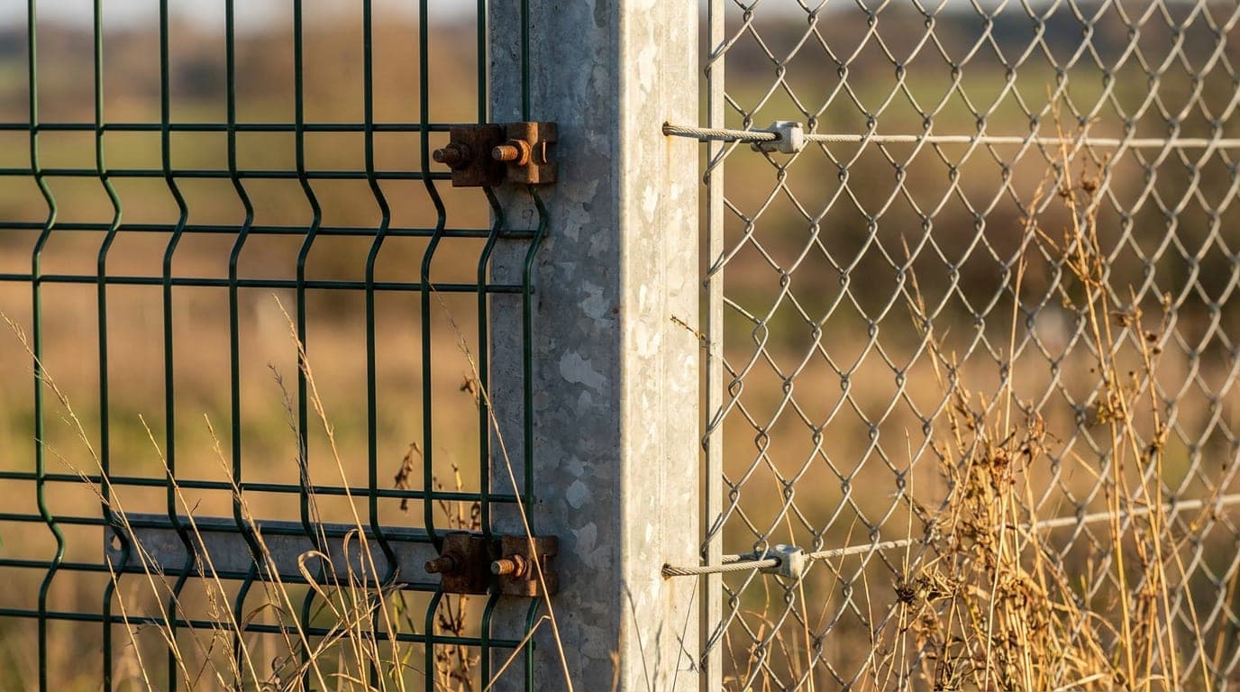 Panel çit ile tel örgünün buluştuğu ortak geçiş direği; bir yüzde kelepçe, diğer yüzde gergi teli bağlantısı