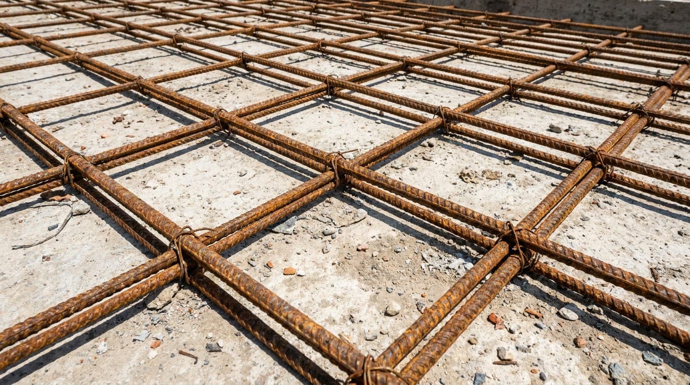 Beton döşeme üzerinde duran kalın çubuklu inşaat hasırının yakın görüntüsü