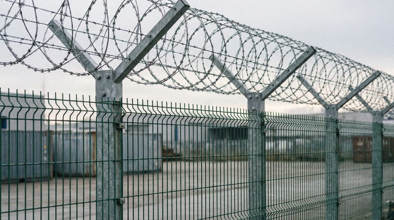 Yüksek panel çit direğinin tepesine cıvatayla bağlanmış galvanizli Y kol; kolların oluşturduğu beşikte oturan spiral jiletli tel ve iki yana gerilmiş tel sıraları, arka planda depo sahası