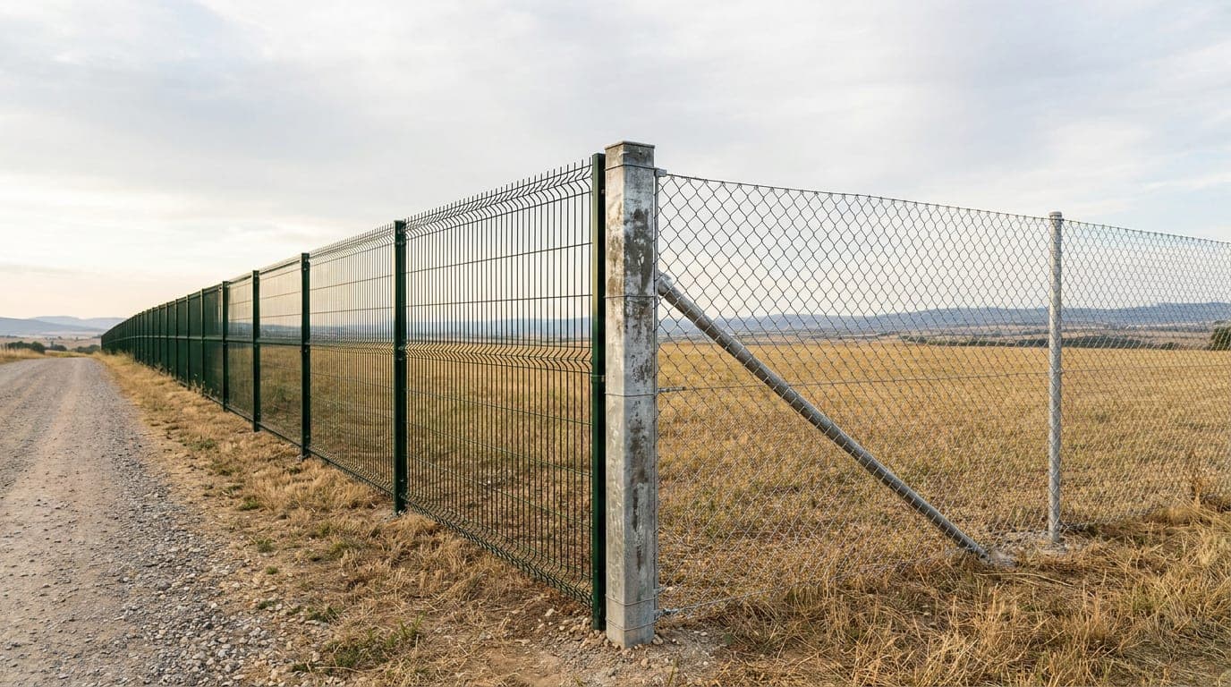 Bir kenarı panel çit, diğer kenarı galvanizli tel örgüyle çevrilmiş arsa sınırının geniş görünümü