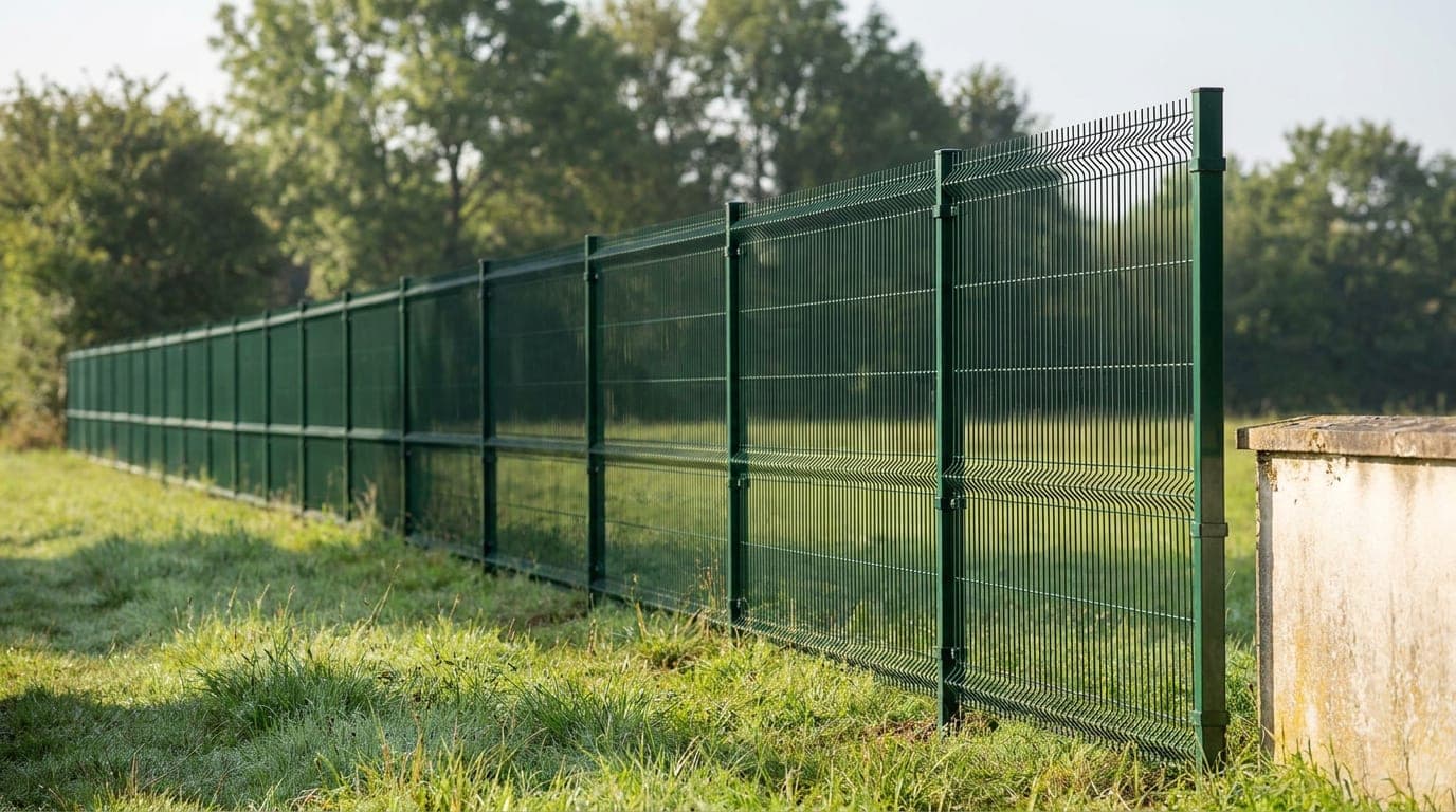Bir arsa sınırında standart genişlikteki panel çitlerin eşit aralıklı kutu profil direklere bağlandığı hat; en uçtaki panel beton duvara birkaç santim kala bitiyor ve duvarın dibinde bağımsız bir son direk duruyor