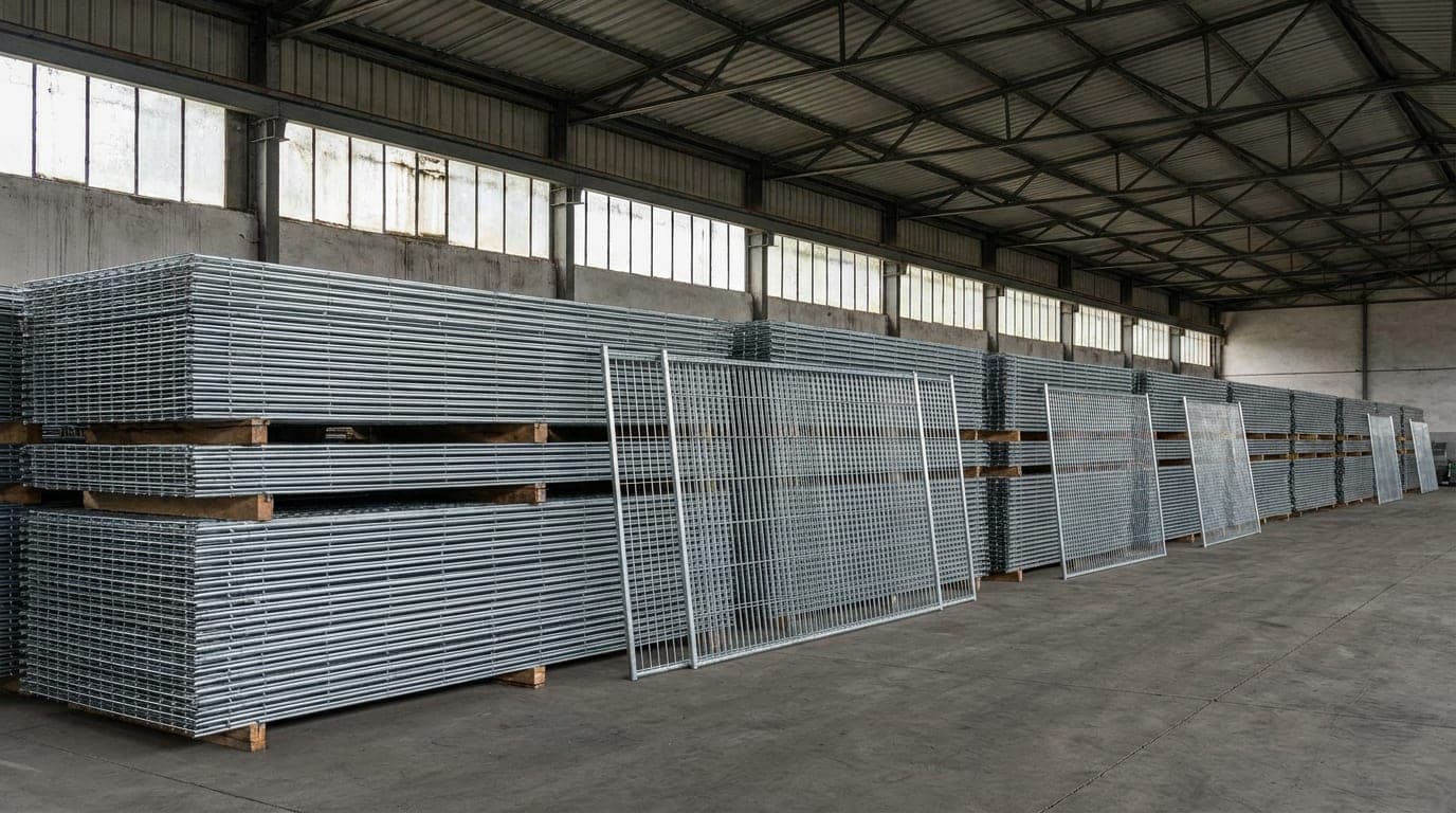 Depo zemininde yatay istiflenmiş, kaynaklı dikdörtgen gözlü galvanizli panel çit levhaları ve yanlarında farklı yükseklikte paneller