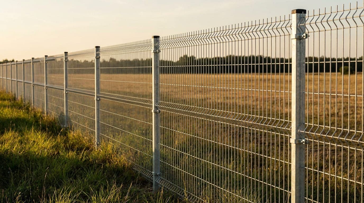 Düz bir arsa sınırı boyunca dikilmiş galvanizli kutu profil direkler, tepelerinde kapaklar ve direklere kelepçeyle bağlanmış panel çit levhaları