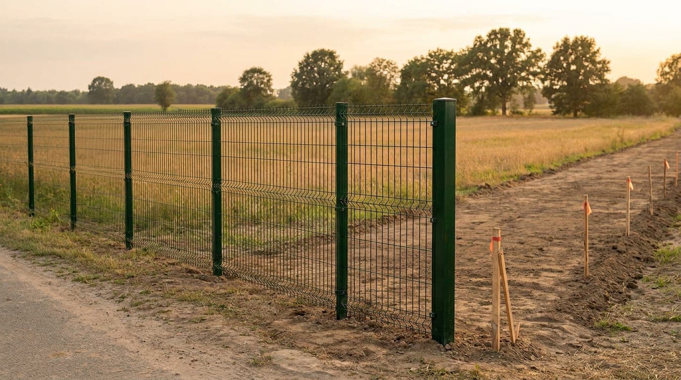 Kırsal bir arsanın yola bakan kenarında tamamlanmış yeşil panel çit hattı; hattın bittiği köşe direğinden sonra arka kenar boyunca henüz çitsiz uzanan toprak şerit