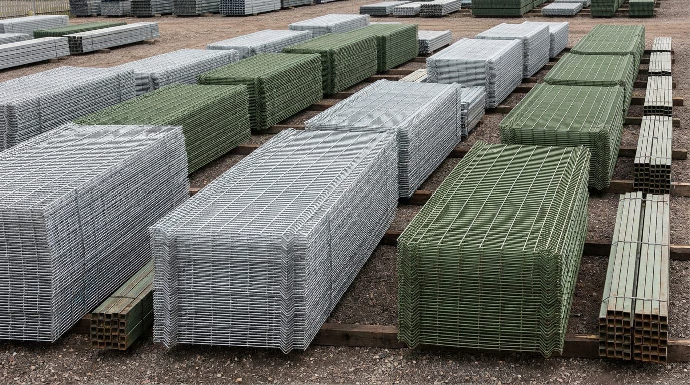 Açık hava stok sahasında farklı yüksekliklerde istiflenmiş galvanizli ve yeşil boyalı panel çit paketleri, yanlarında demetlenmiş kutu profil direkler