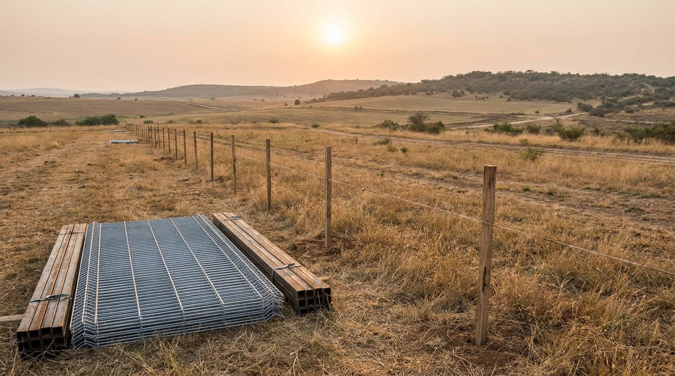 Kırsal bir arsanın sınırı boyunca kazıklarla işaretlenmiş çit güzergâhı ve güzergâhın başında istiflenmiş birkaç galvanizli panel çit levhası
