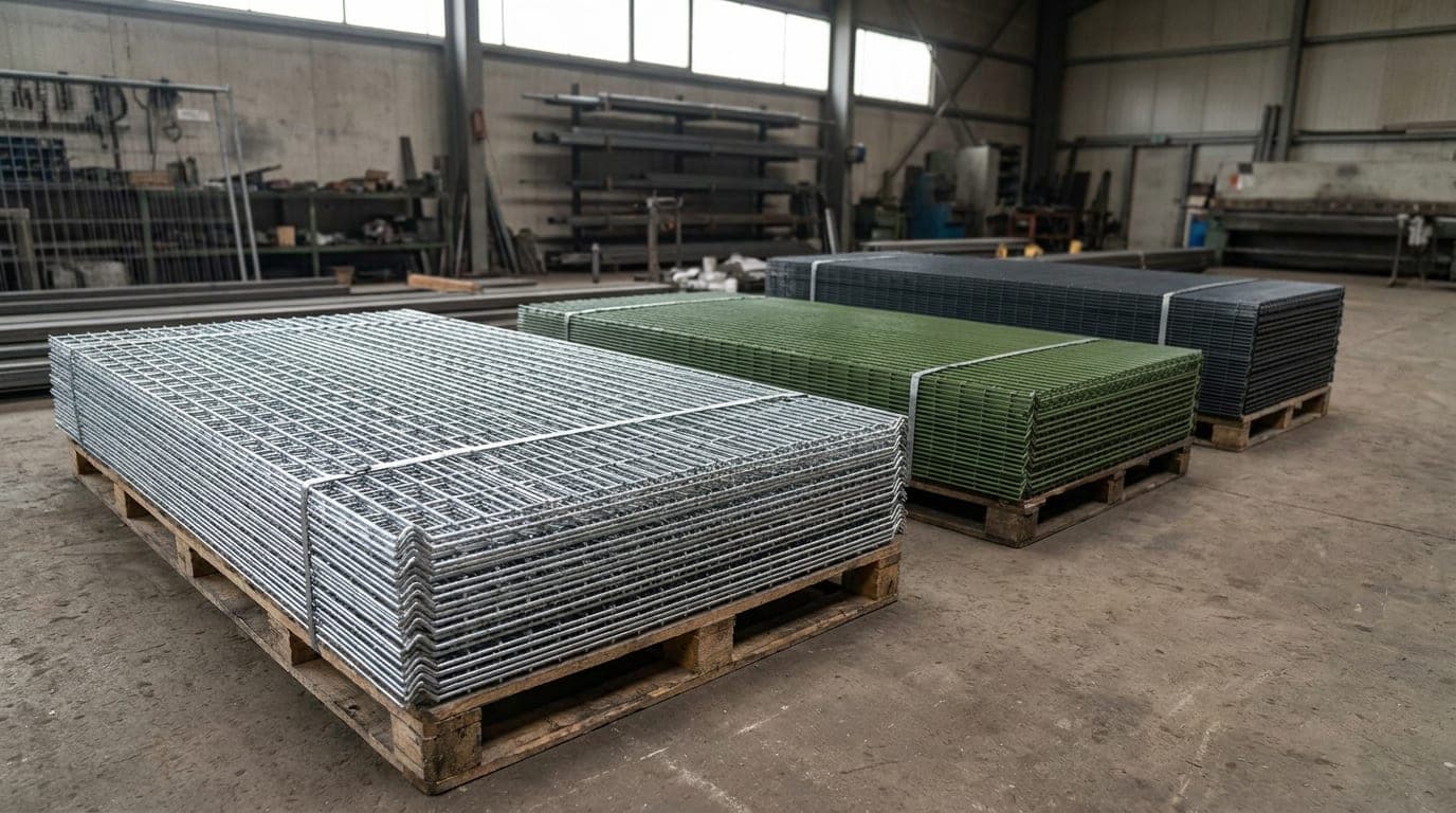 Depo zemininde yan yana istiflenmiş farklı yükseklikte galvanizli ve yeşil boyalı panel çit levhaları