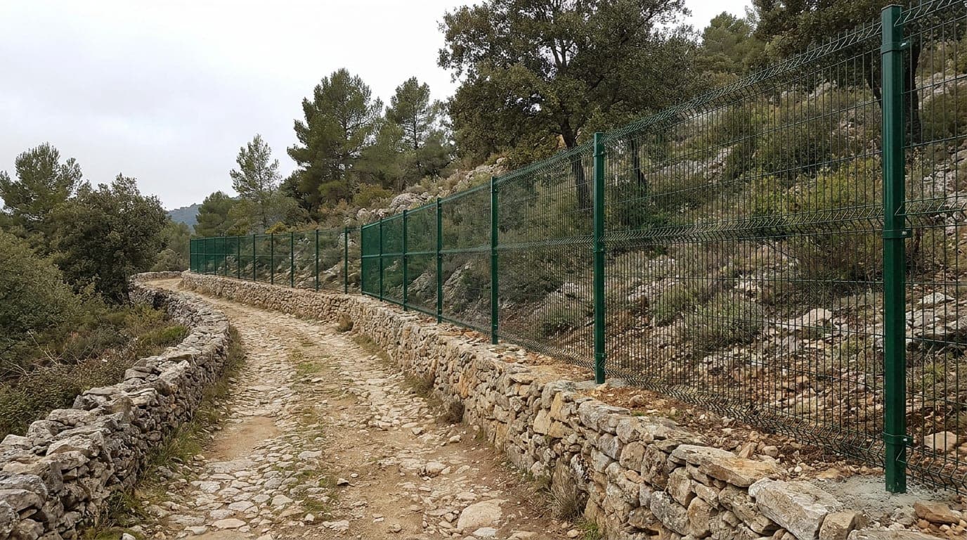 Dar ve dik bir köy yolunun kenarında, yamaca doğru uzanan yeşil panel çit hattı ve yol boyunca yan yana dizilmiş direkler