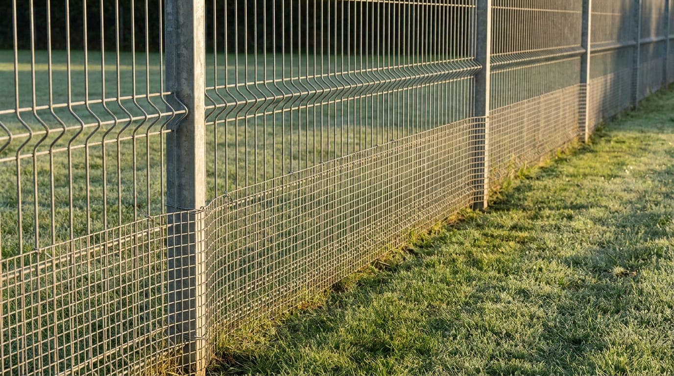 Galvanizli panel çitin alt bölümüne bağ teliyle sabitlenmiş küçük gözlü kafes tel şeridi ve önündeki çimenlik bahçe zemini