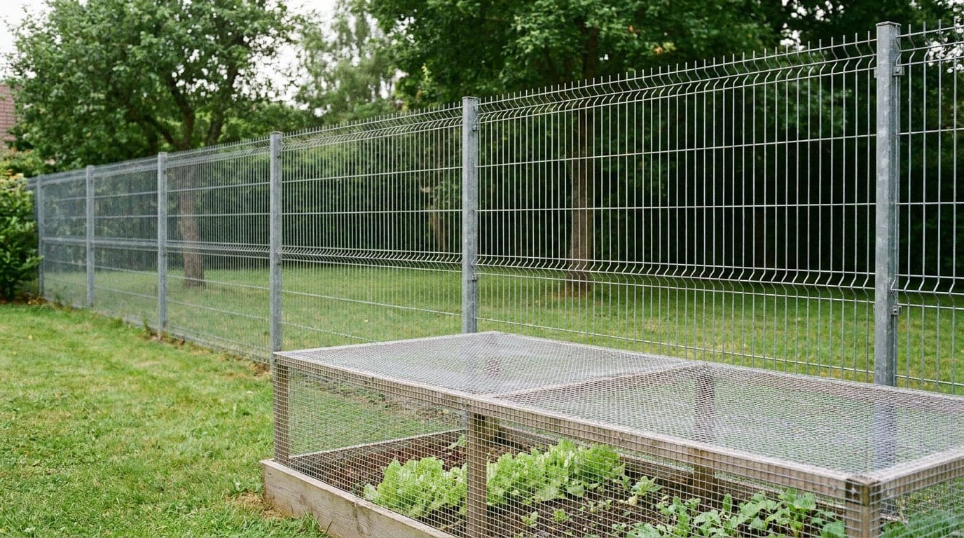 Bahçe sınırında galvanizli rijit panel çit hattı ve önünde ahşap çerçeveye gerilmiş küçük gözlü kafes telle çevrili sebze tarhı