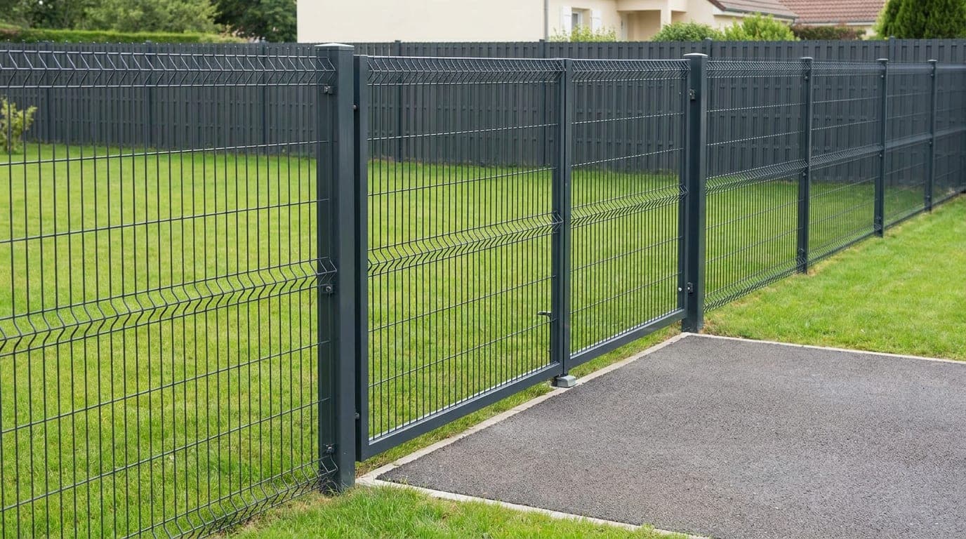 Antrasit panel çit hattının ortasında aynı göz düzeninde dolgulu, kutu profil çerçeveli çift kanat bahçe kapısı ve iki yanındaki kalın kapı direkleri