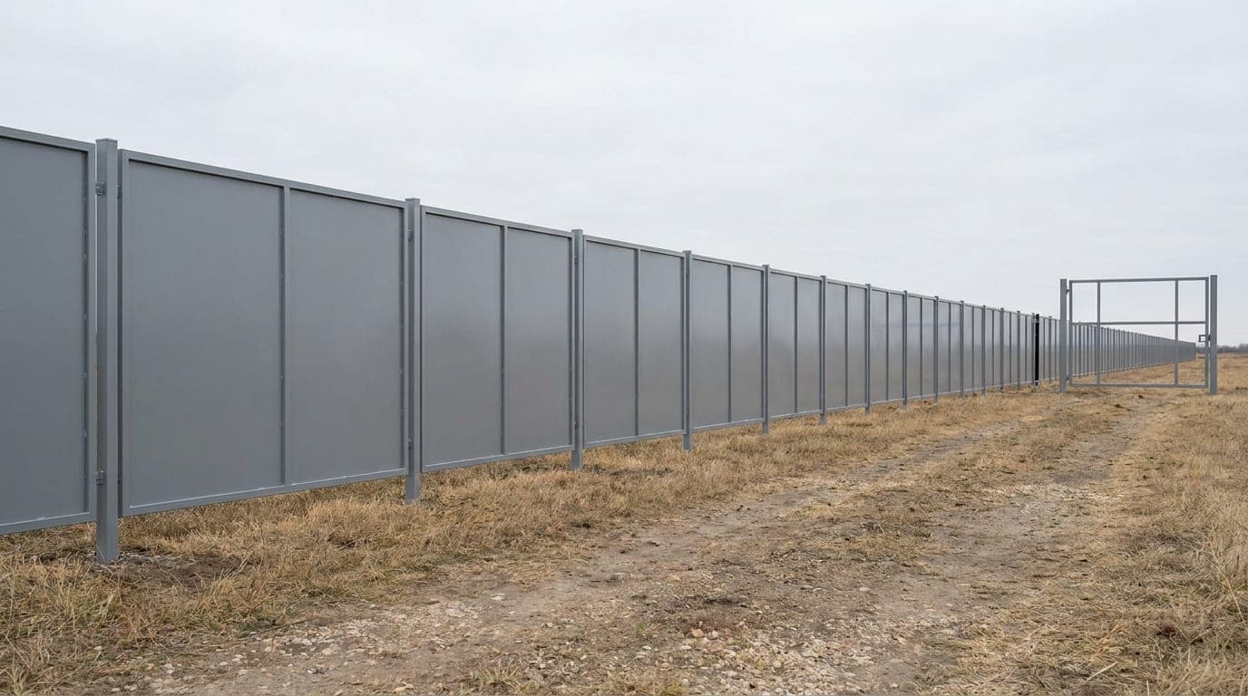 Uzun bir panel çit hattında son panelin kapı boşluğuna tam oturmadığı, kalan boşluğun görüldüğü detay