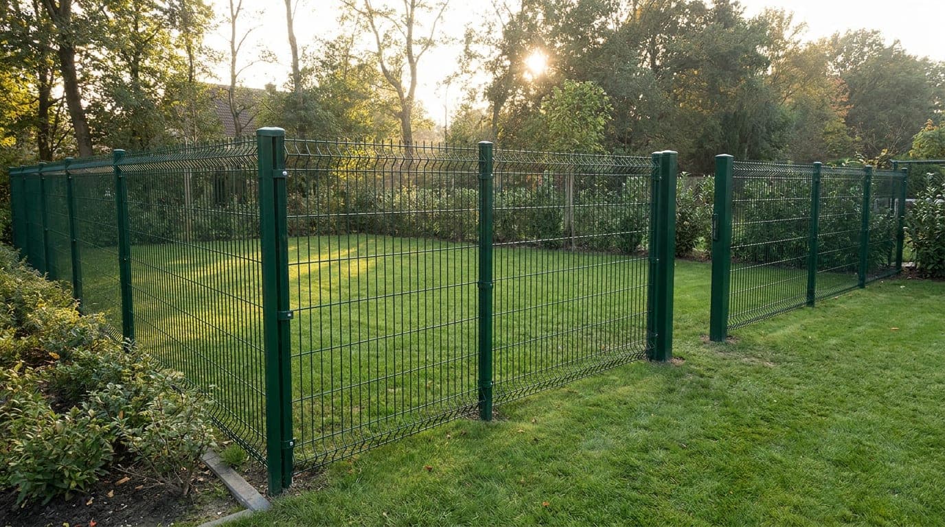 Bir arsa köşesinde dik açıyla dönen L biçimli yeşil panel çit hattı, kutu profil direkler ve uzun kenarda yaya kapısı açıklığı