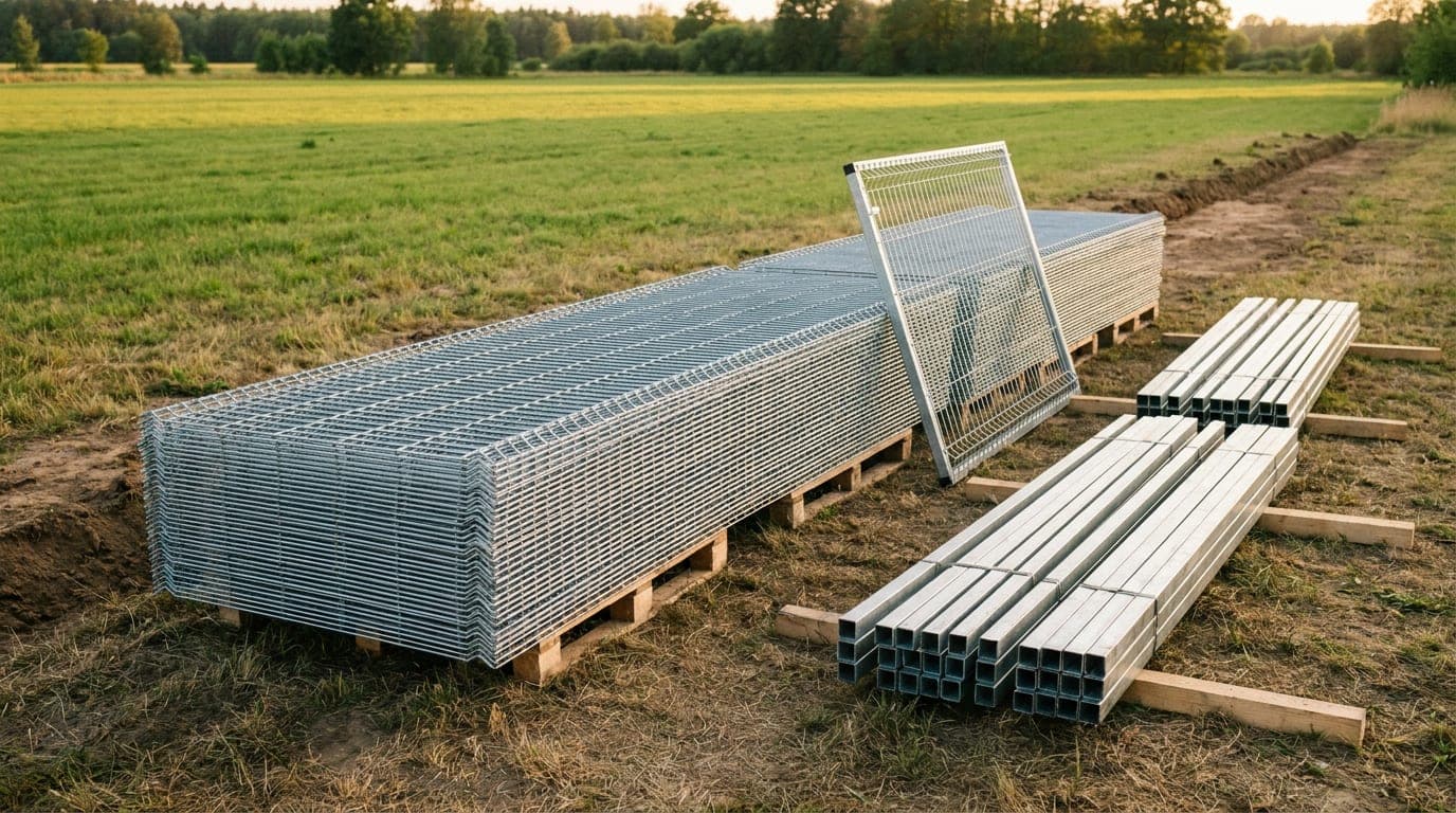Arsa kenarında zemine düzenli istiflenmiş galvanizli panel çitler, yanında demetlenmiş kutu profil direkler ve kapı kanadı