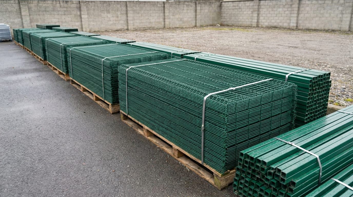 Bir işletmenin arka sahasında teslim edilmiş, bantlı paketler hâlinde istiflenmiş yeşil panel çitler ve yanlarında demetlenmiş kutu profil direkler