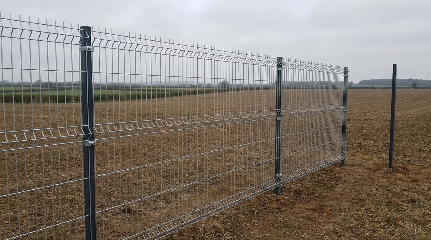 Düz bir tarla sınırında dikilmiş kutu profil direkler arasına kelepçelerle bağlanmış galvanizli panel çit hattı ve hattın ucunda tek başına duran son direk