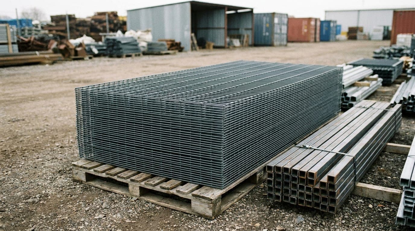 Paletler üzerinde istiflenmiş galvanizli panel çit levhaları ve yanlarında demetlenmiş kare kesitli çit direkleri, açık hava malzeme sahasında