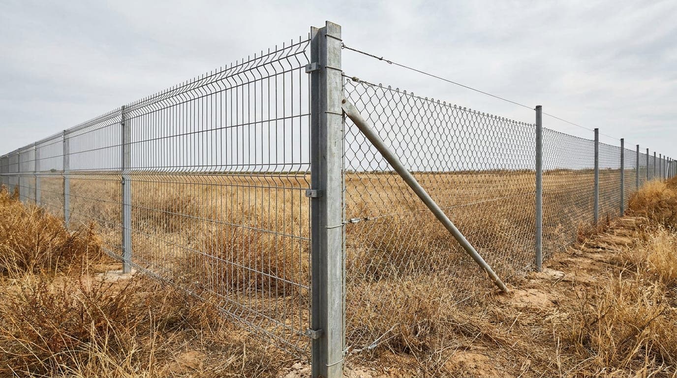 Düz bir arsa sınırında yan yana duran galvanizli panel çit bölümü ile gergi telli tel örgü bölümü