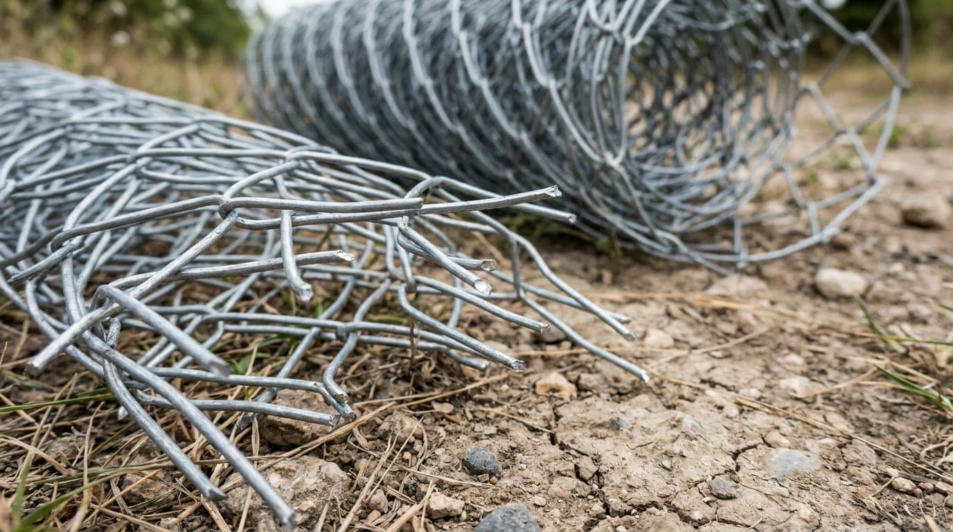 Açılmış tel örgü rulosunun yanında biriken kısa artık kesim parçaları