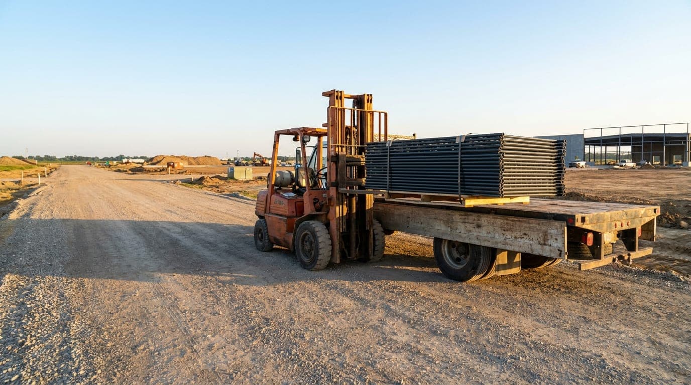 Şantiye giriş yolunda duran açık kasa araç ve yanında indirme için konumlanmış forklift