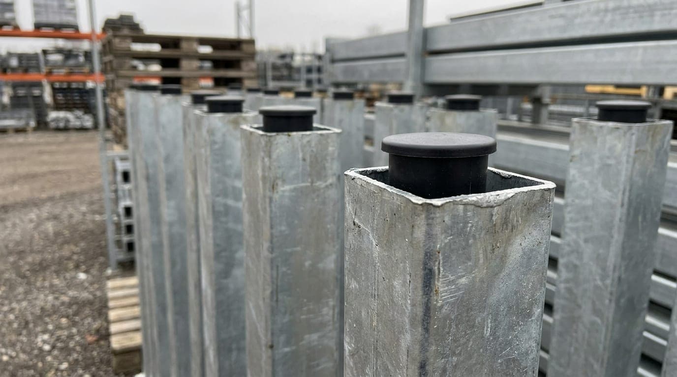 Kare kesitli galvanizli çit direkleri yan yana dizilmiş, üstlerinde plastik koruma kapakları takılı