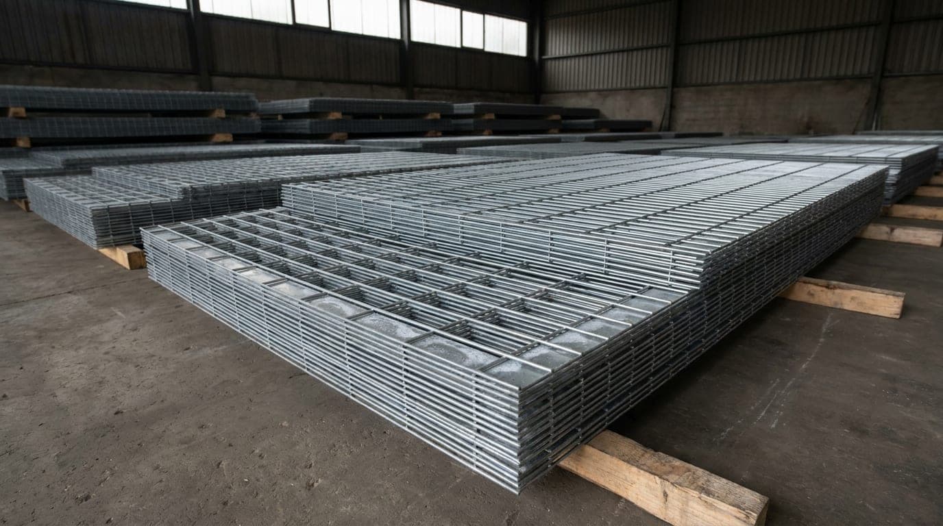 Kapalı bir depoda takozlar üzerinde istiflenmiş galvanizli kaynaklı panel çit paketleri; alt sıradaki panellerin tel kesişimlerinde hafif beyaz ıslak istif izi görülüyor
