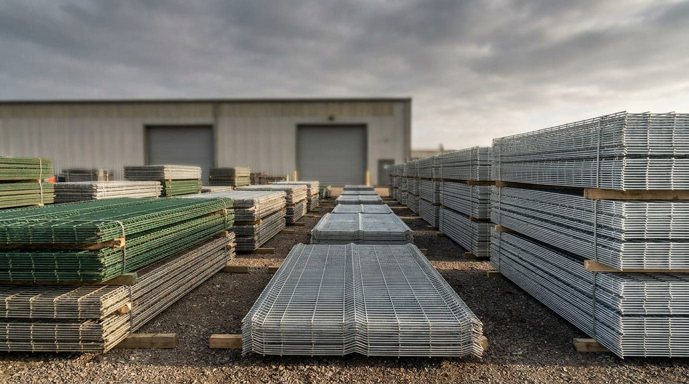 Bir tedarikçinin açık stok sahasında takozlar üzerine istiflenmiş yeşil kaynaklı panel çit paketleri, yanda aynı ölçüde yeni üretilmiş parlak galvanizli paneller