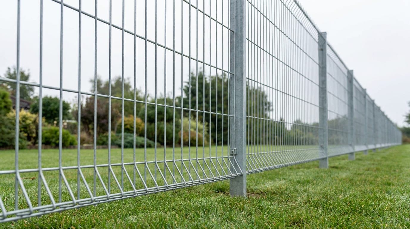 Galvanizli panel çitin toprağa yakın alt telleri ve kaynak noktalarında çinko kaplama yüzeyinin yakın görünümü, arkada bahçe sınırı boyunca uzanan panel hattı
