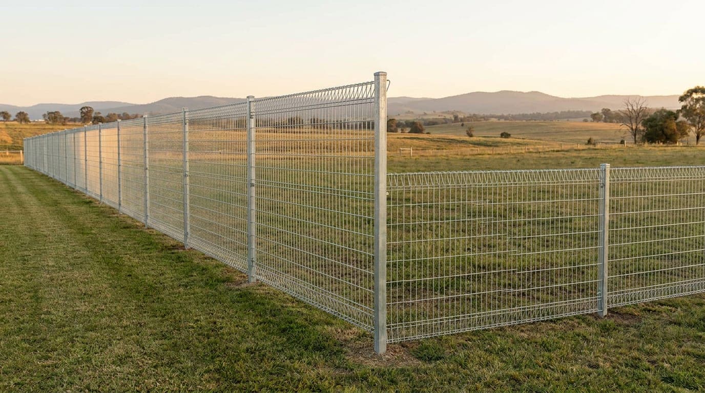 Arsa sınırında ön cephede yüksek, yan kenarda alçak panelle kurulmuş galvanizli panel çit hattı ve köşedeki geçiş direği