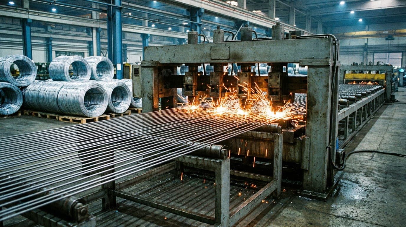 Panel çit üretim hattında punta kaynak istasyonundan çıkan ham tel panel