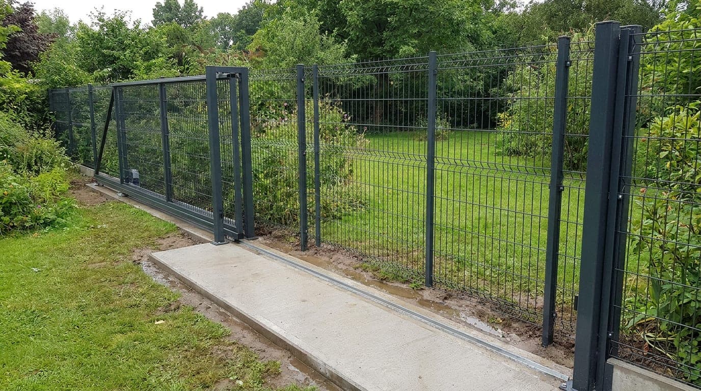 Villa girişinde sürgülü kapının kaydığı beton ray zemini ve arkasında düz uzanan antrasit panel çit hattı