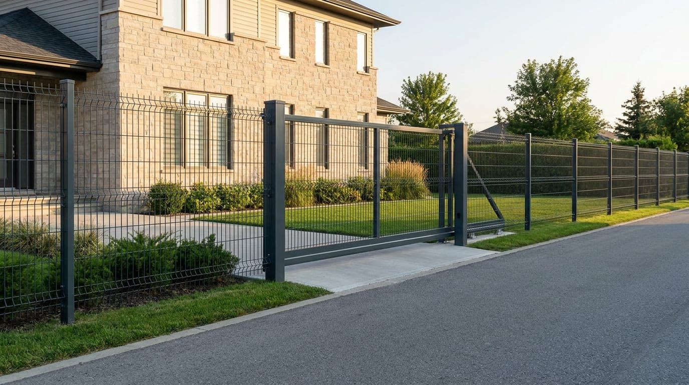 Modern bir villanın sokak cephesi boyunca uzanan antrasit panel çit hattı ve hattın ortasında kapalı duran motorlu sürgülü araç kapısı
