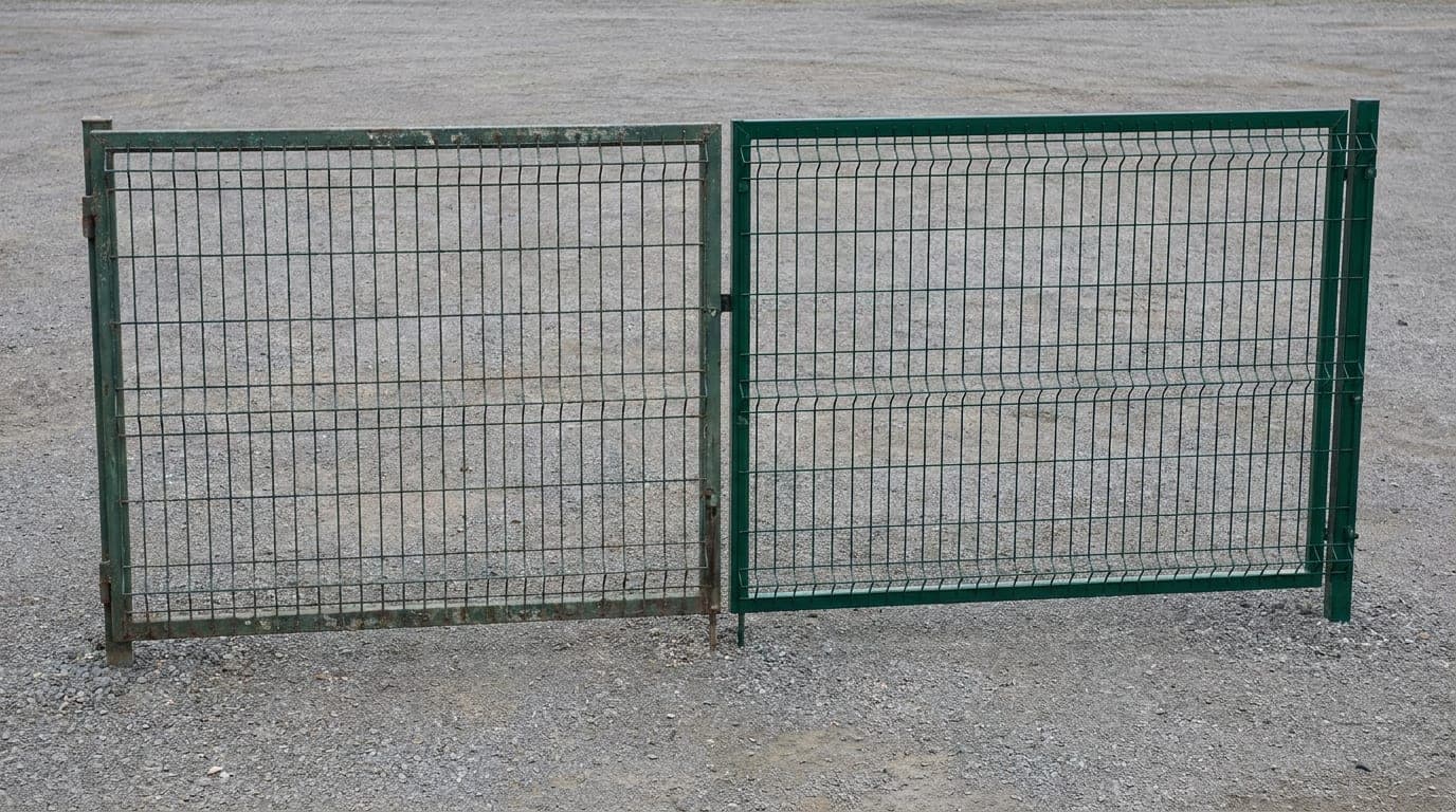 Farklı yaşlarda iki yeşil panel çit bölümünün yan yana durduğu, ton farkının görüldüğü hat