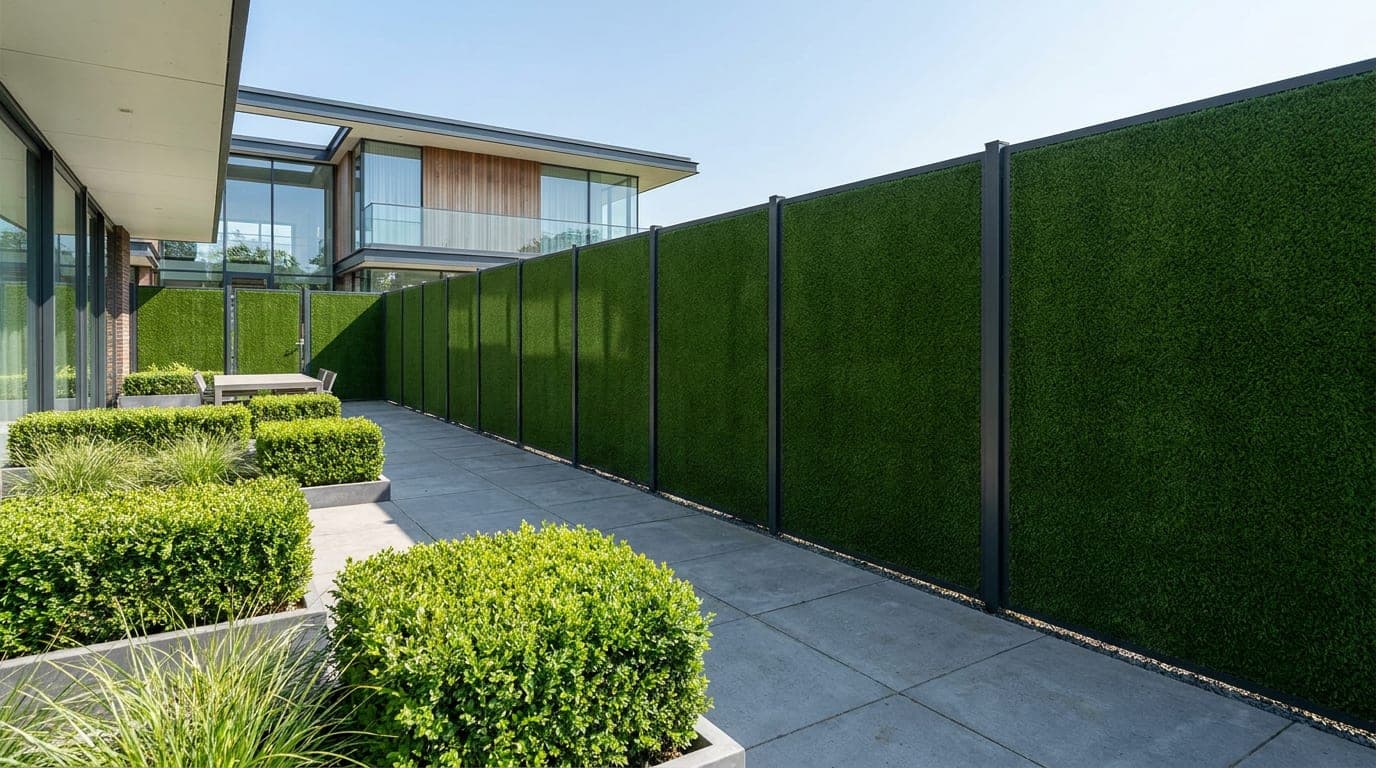 Çim kaplı çit paneliyle çevrili modern ev bahçesi