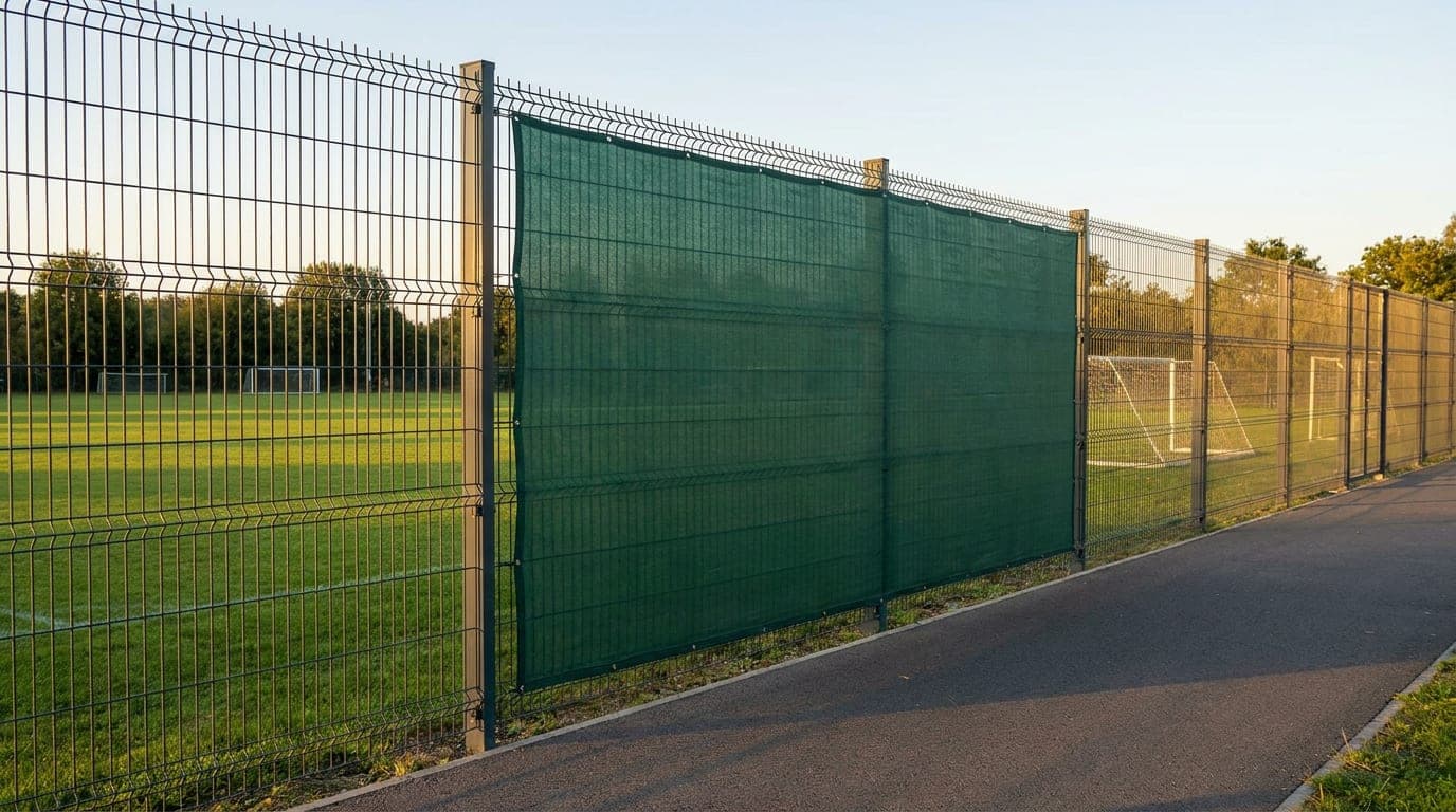 Bir spor tesisinin çevresinde 173 cm yüksekliğinde antrasit panel çit hattı; bir bölümünde panele gerilmiş düz koyu yeşil rüzgâr perdesi, diğer bölümlerde açık gözlü paneller ve kutu profil direkler