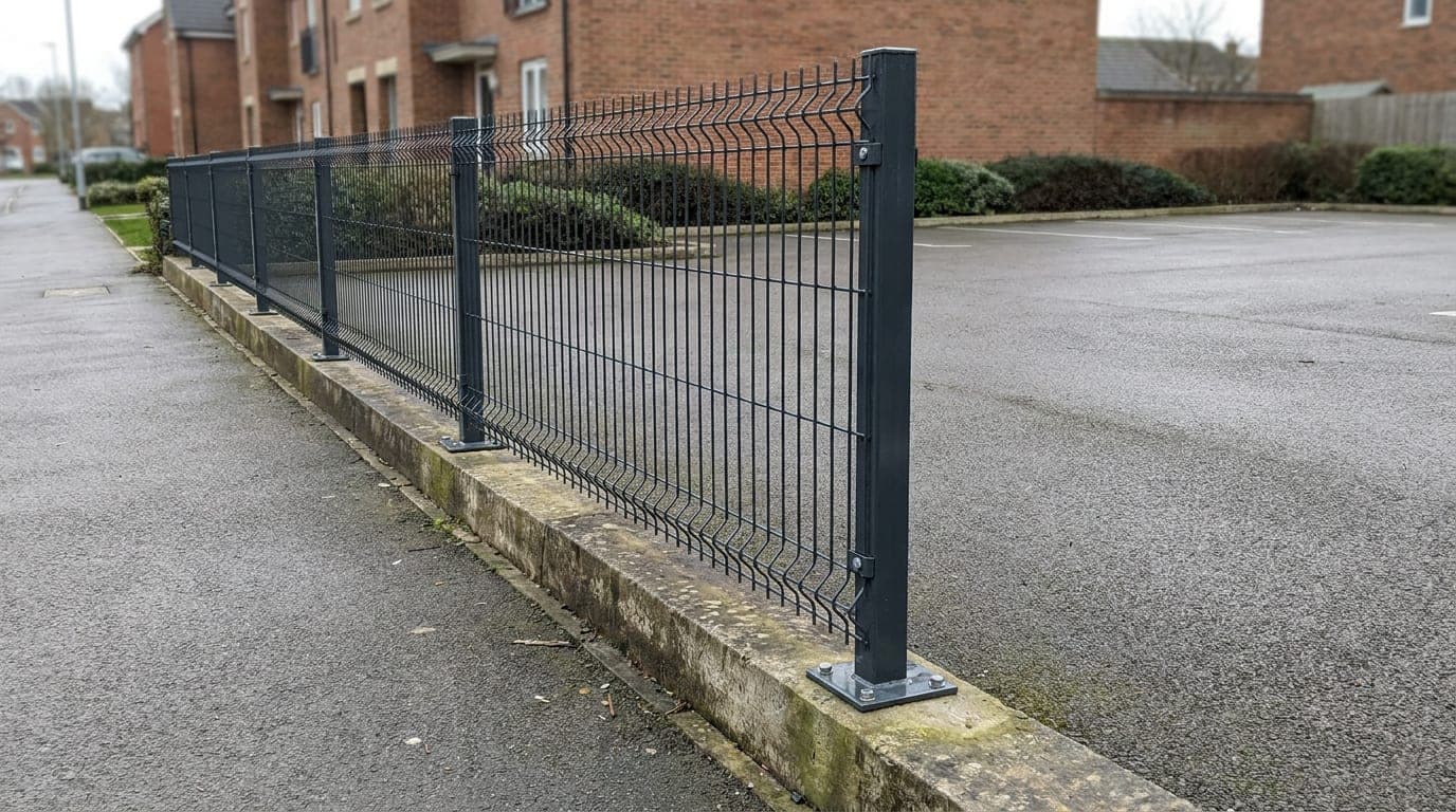 Otopark yürüyüş şeridi ile park yerleri arasında beton bordür üzerine flanşlı kısa direklerle monte edilmiş diz altı yüksekliğinde alçak panel çit, kaynaklı dikdörtgen gözler görünüyor
