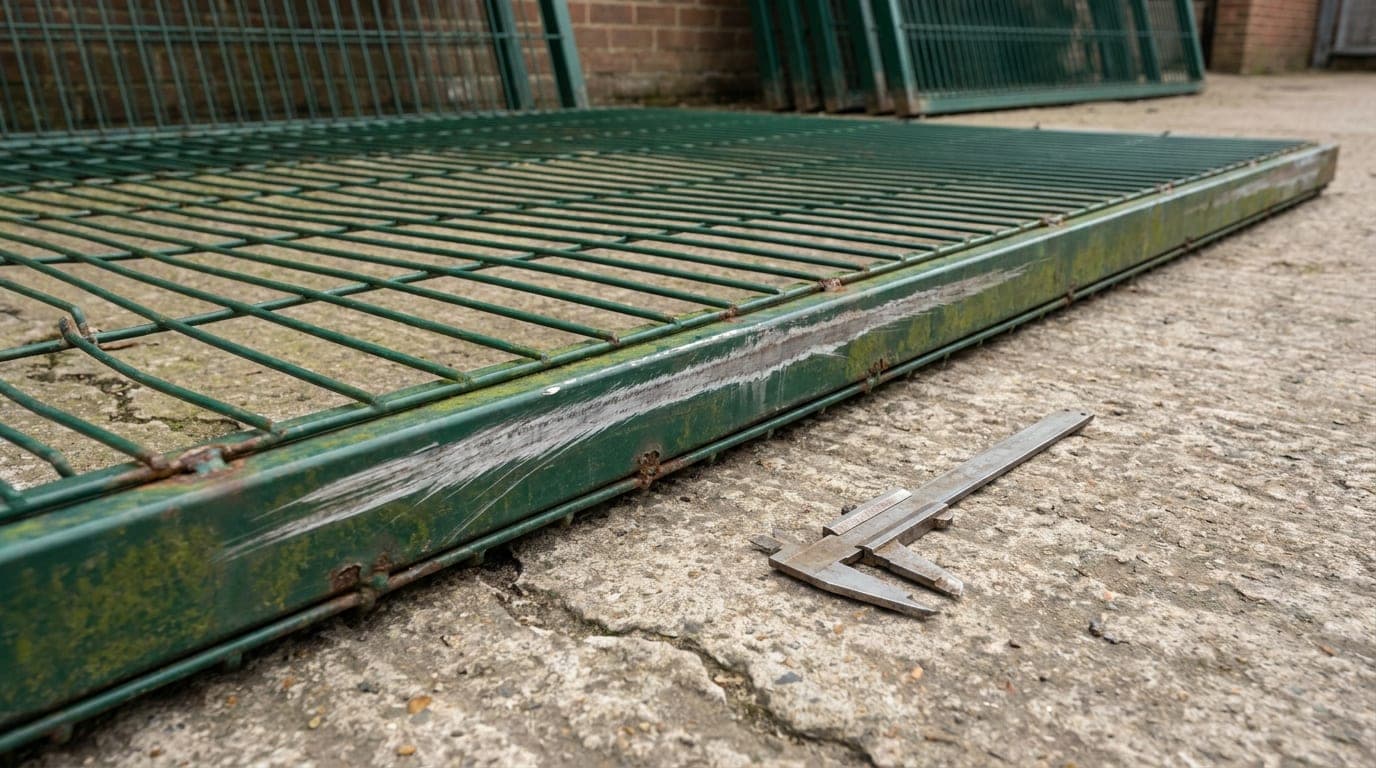 Zemine yatırılmış sökülmüş bir panel çitin kelepçe hizasında kazınmış kaplama ve alt kenarında başlamış pas lekeleri, yanında kumpas ve katlanır metre