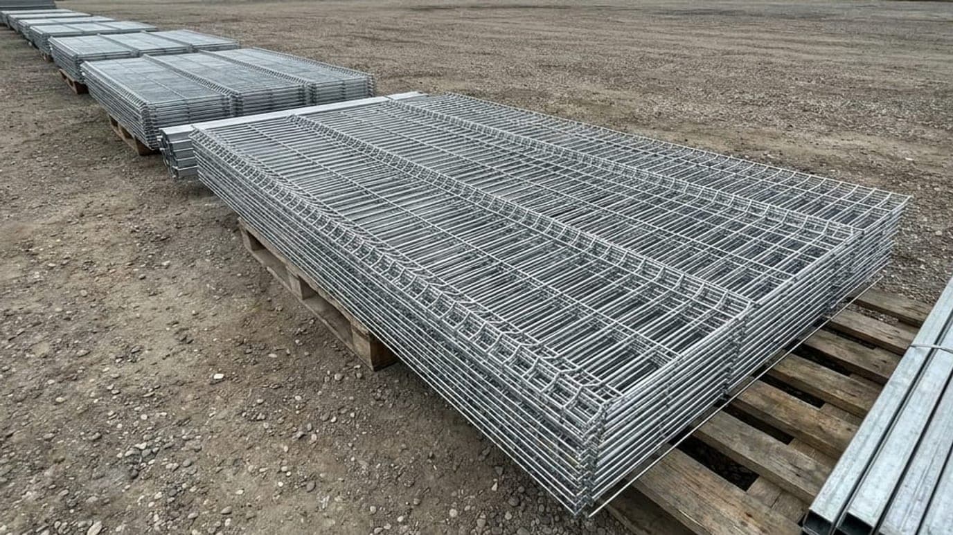 Kamyon kasasından paketler hâlinde indirilmeye hazır, kaynaklı dikdörtgen gözlü galvanizli panel çit levhaları