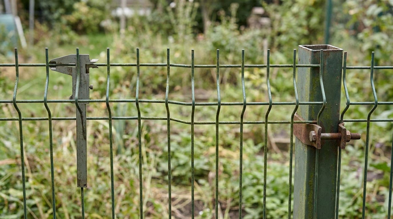 Eski yeşil panel çitin dikey teline dayanmış kumpas, arka planda omega büküm çizgisi ve kutu profil direğe bağlı metal kelepçe