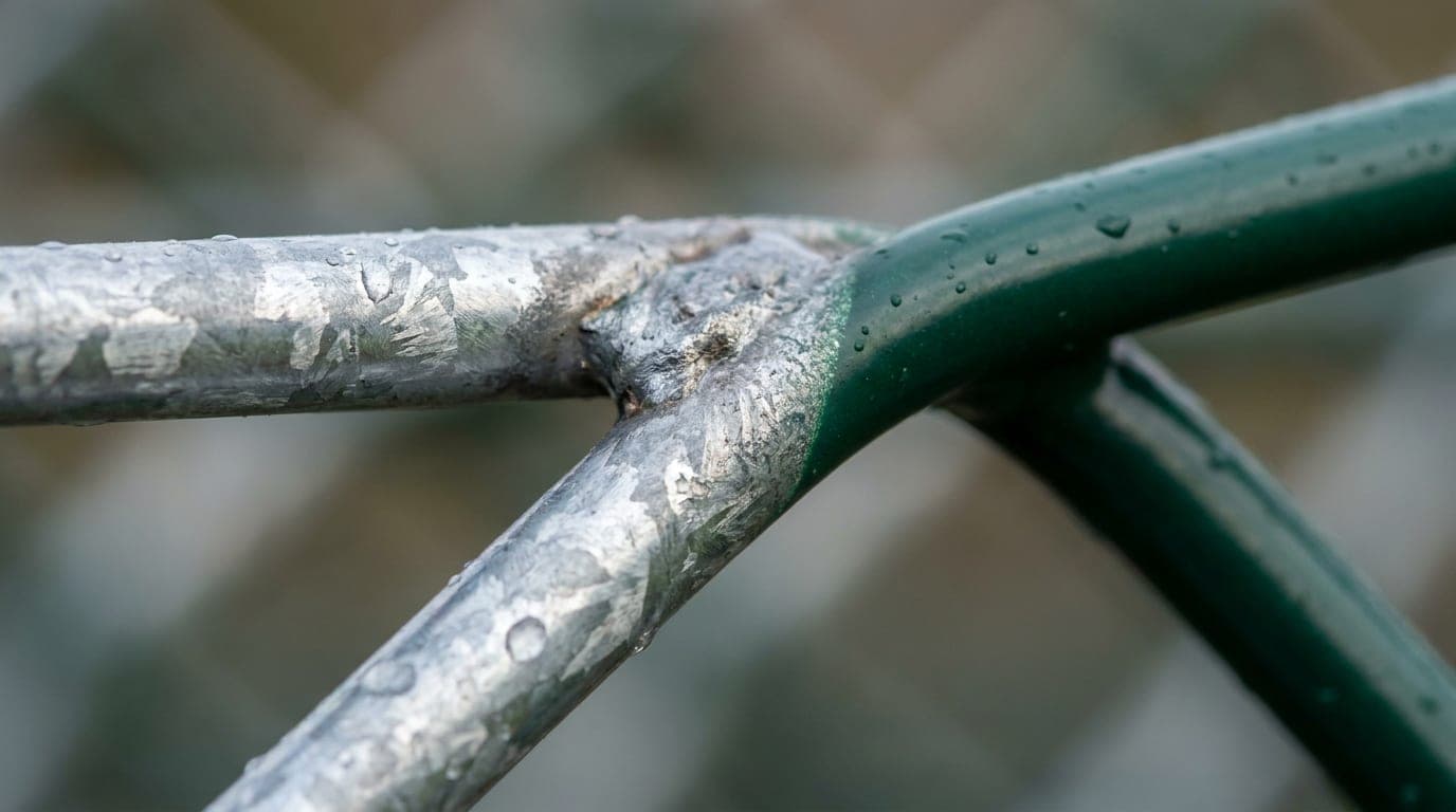 Galvanizli panel yüzeyindeki çinko dokusu ve boya katmanının yakın görünümü
