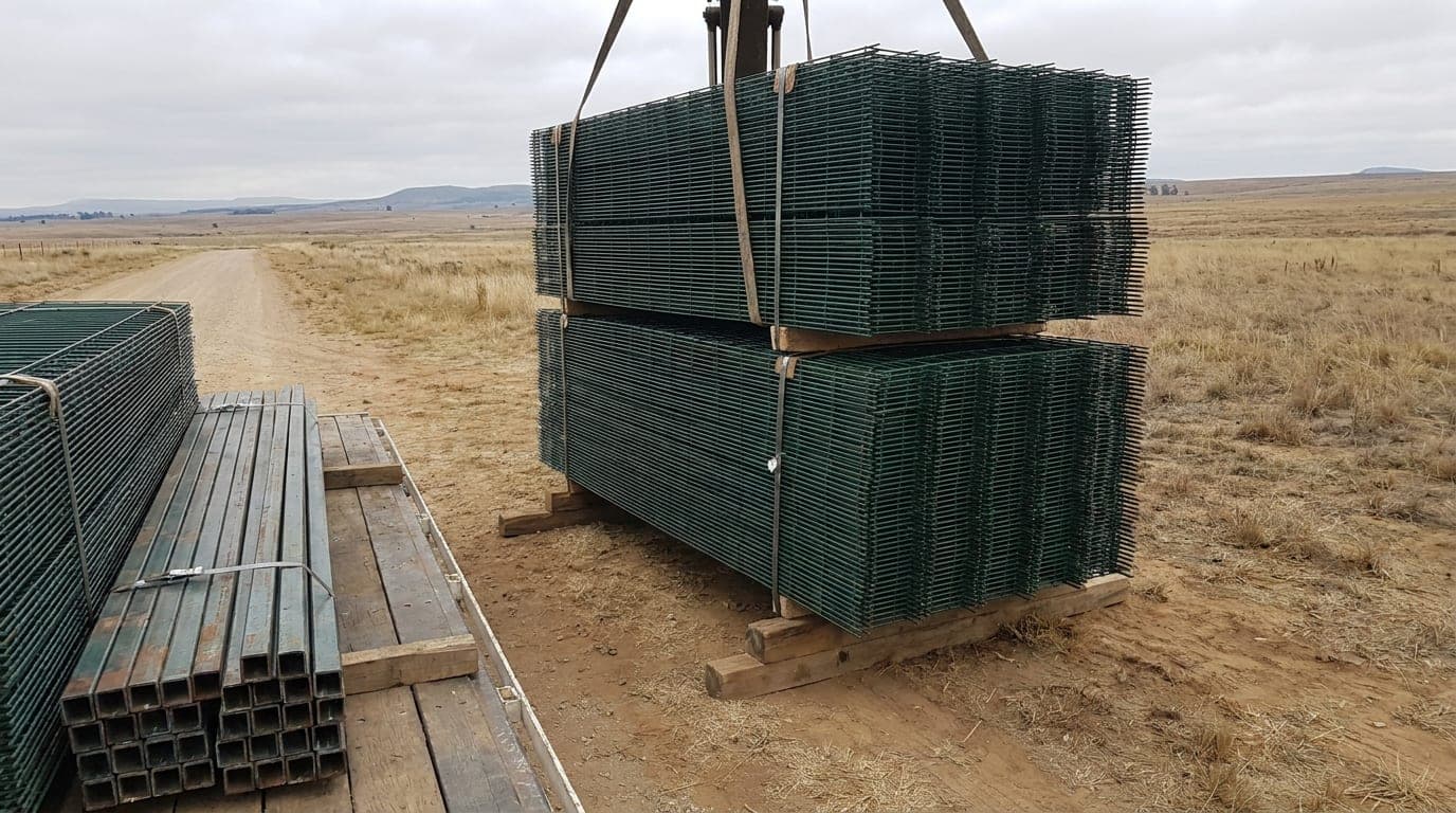 Panel çit paketlerinin kamyondan indirildiği teslim anı