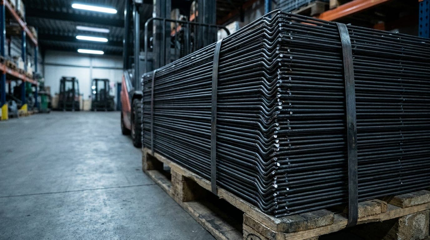 Palet üzerinde istiflenmiş panel çit paketi